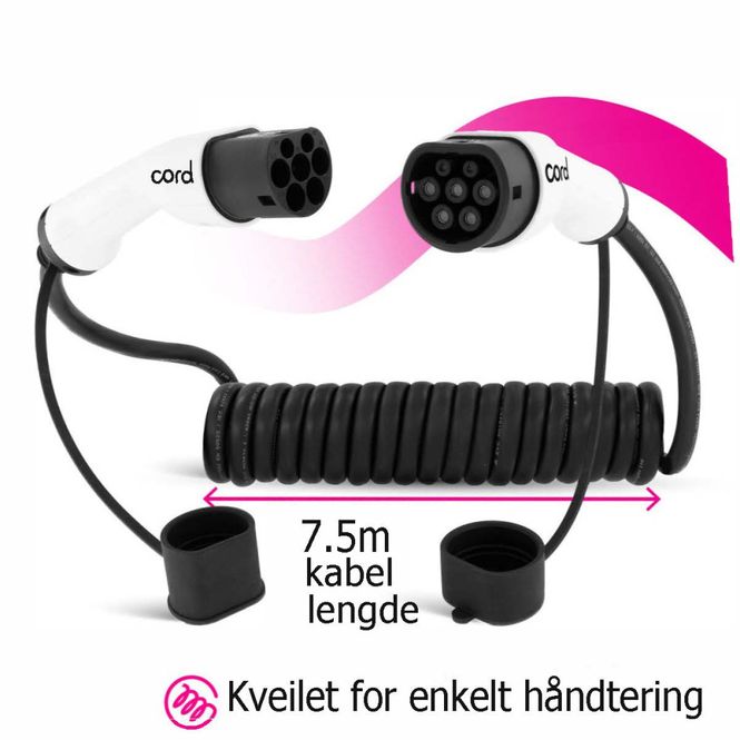 Hovedbilde Cord EV Type 2 spiral ladekabel 7,5 meter 32A / 22kW / 3-fas