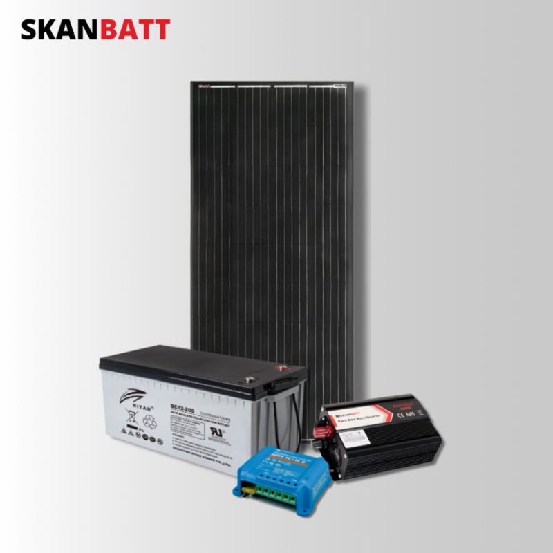 SKANBATT Kraftpakke - 12V / 200Ah AGM / 300W inverter / 220W Rammepanel
